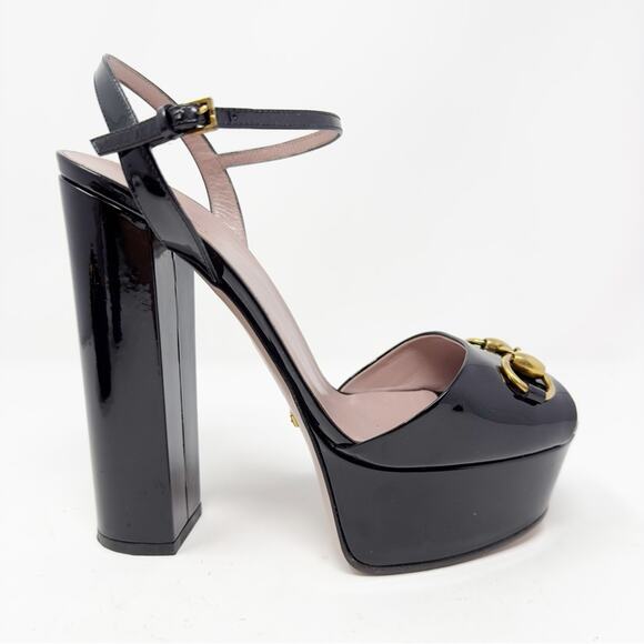 Gucci Claudie Horsebit Patent Leather Platform Sandals Heels - Picture 5 of 11
